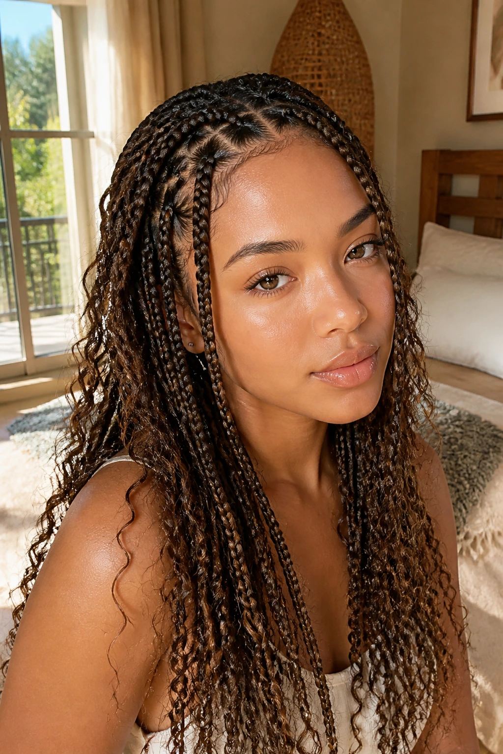 Close-up of knotless braids with flat roots and wispy ends on a real person in warm, natural light