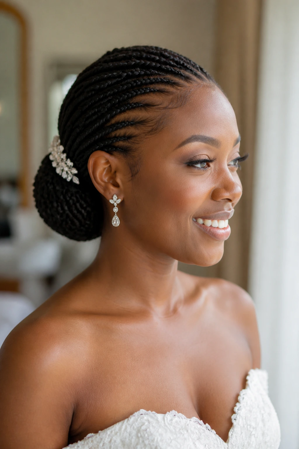 Close-up real bride with knotless braids in a sleek bun, natural window light