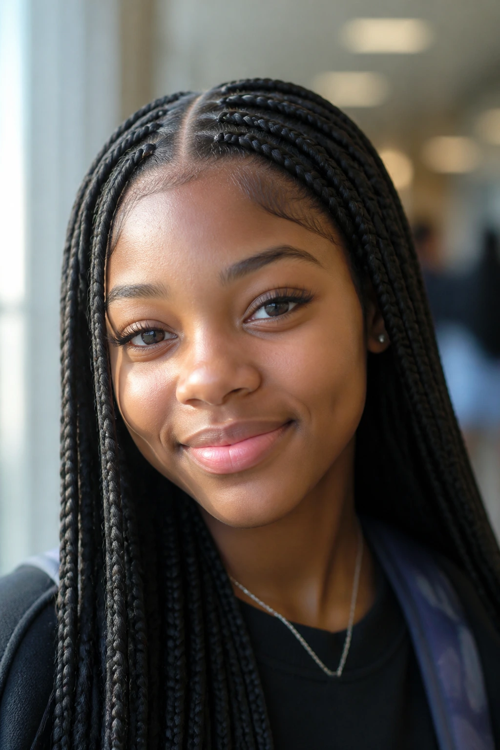 Close-up of a real student girl with knotless braids and a center part