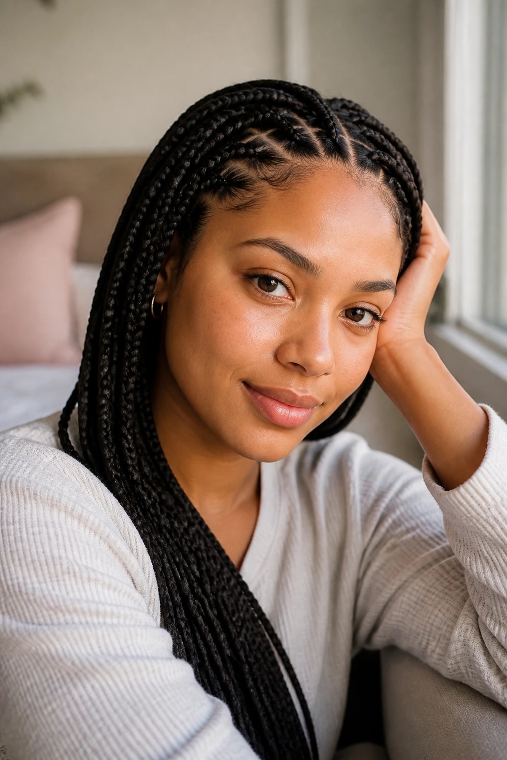 Close-up of a real person wearing knotless braids in a calm, comfortable setting.