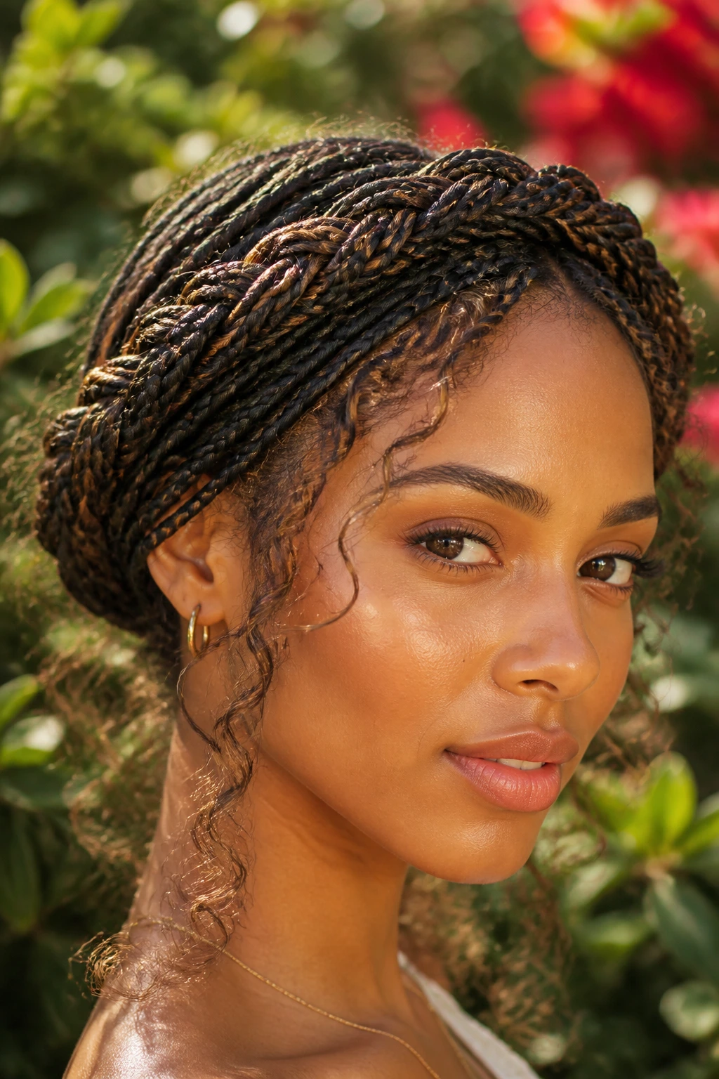 Close-up of a real woman with knotless braids styled into a braided crown