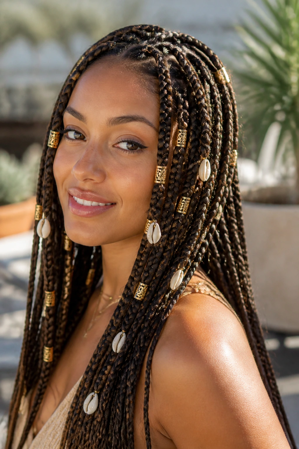 Close-up of knotless braids with gold cuffs and shell details on a real person