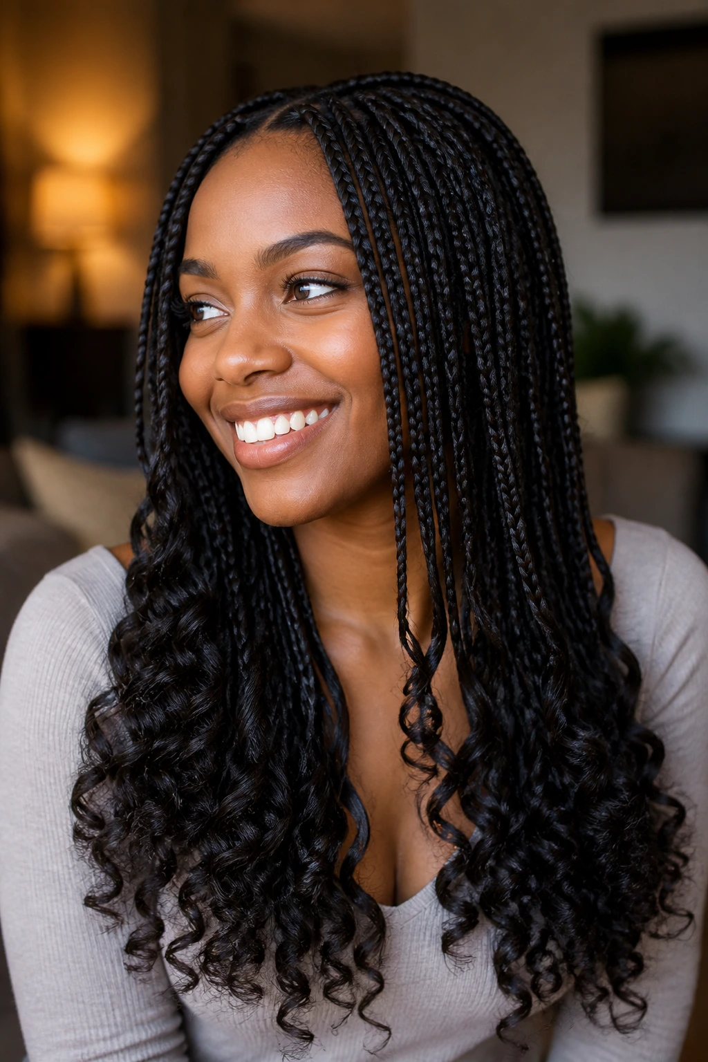 Real person with knotless braids and curled ends