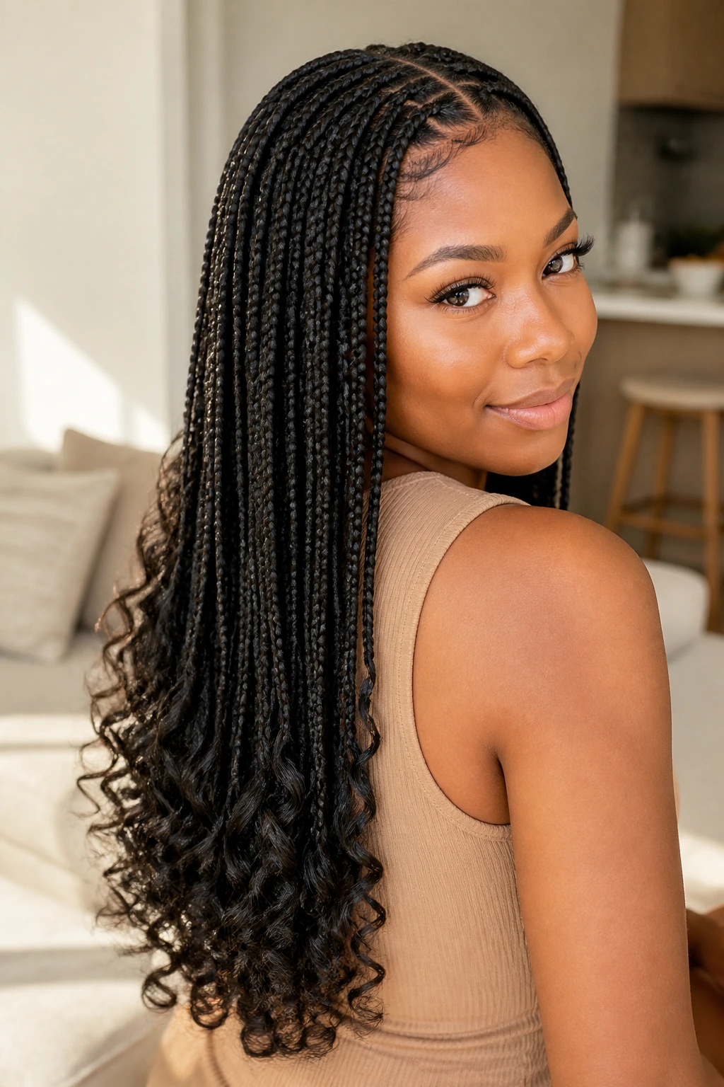Black woman with knotless braids and curled ends in a cozy living room