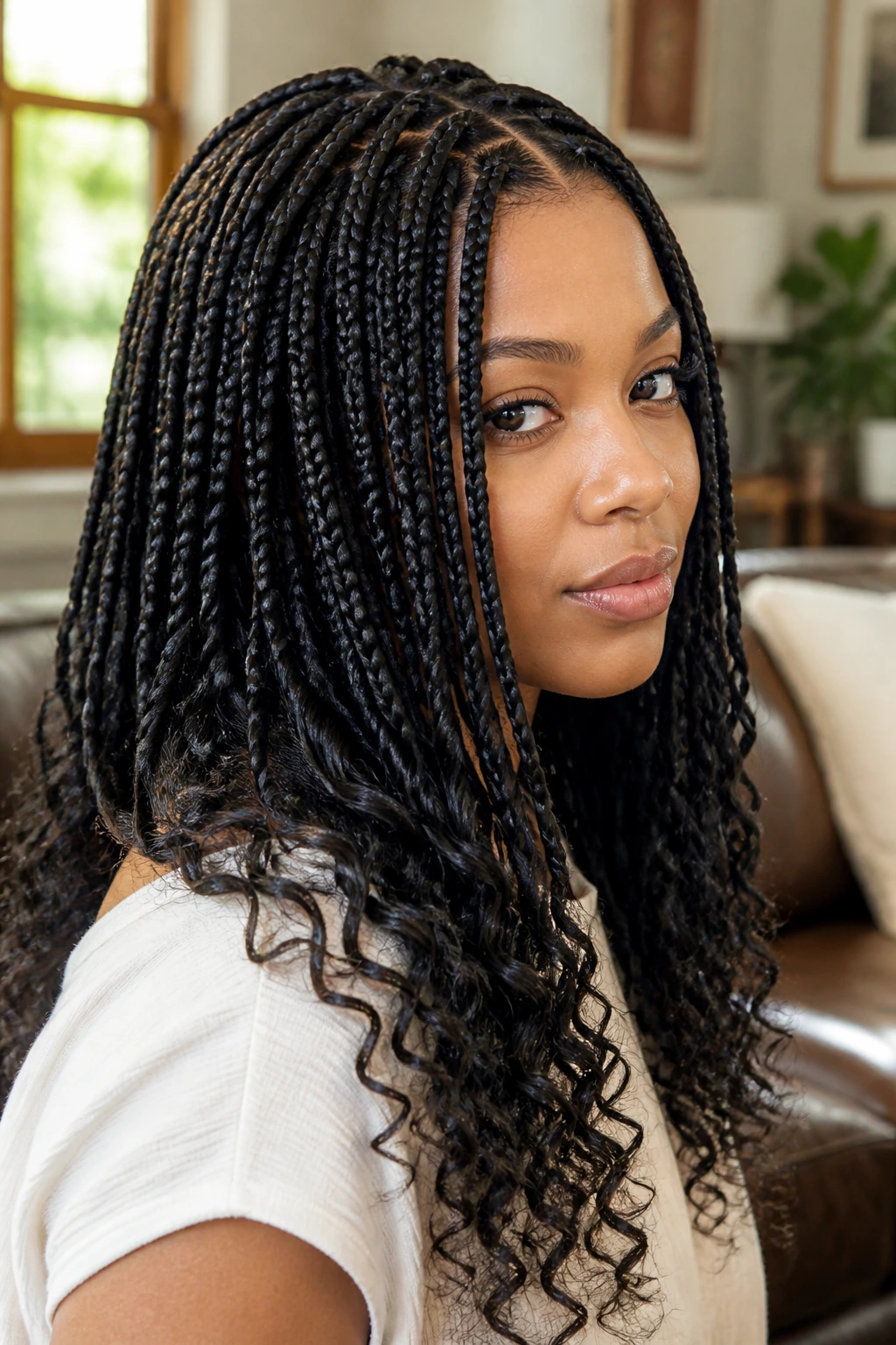 Close-up of knotless braids with curly ends on a real person in warm daylight