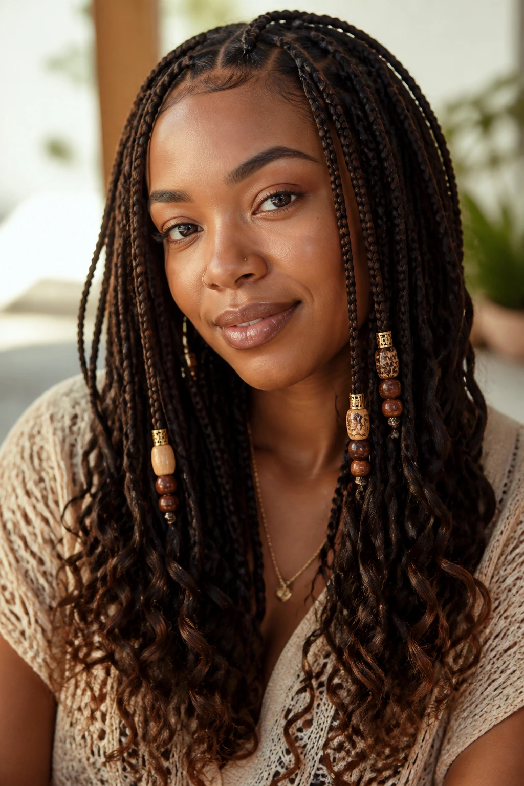 Close-up of knotless braids with curly ends and beads on a real woman in soft light