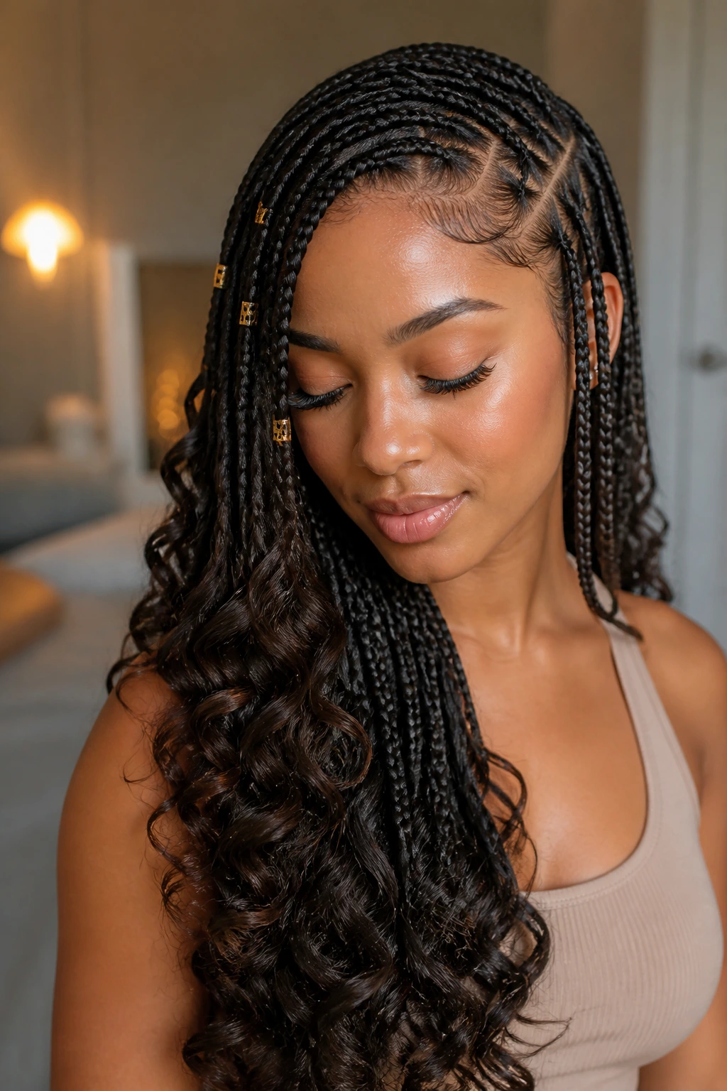 Knotless braids with curly ends and side part on real woman