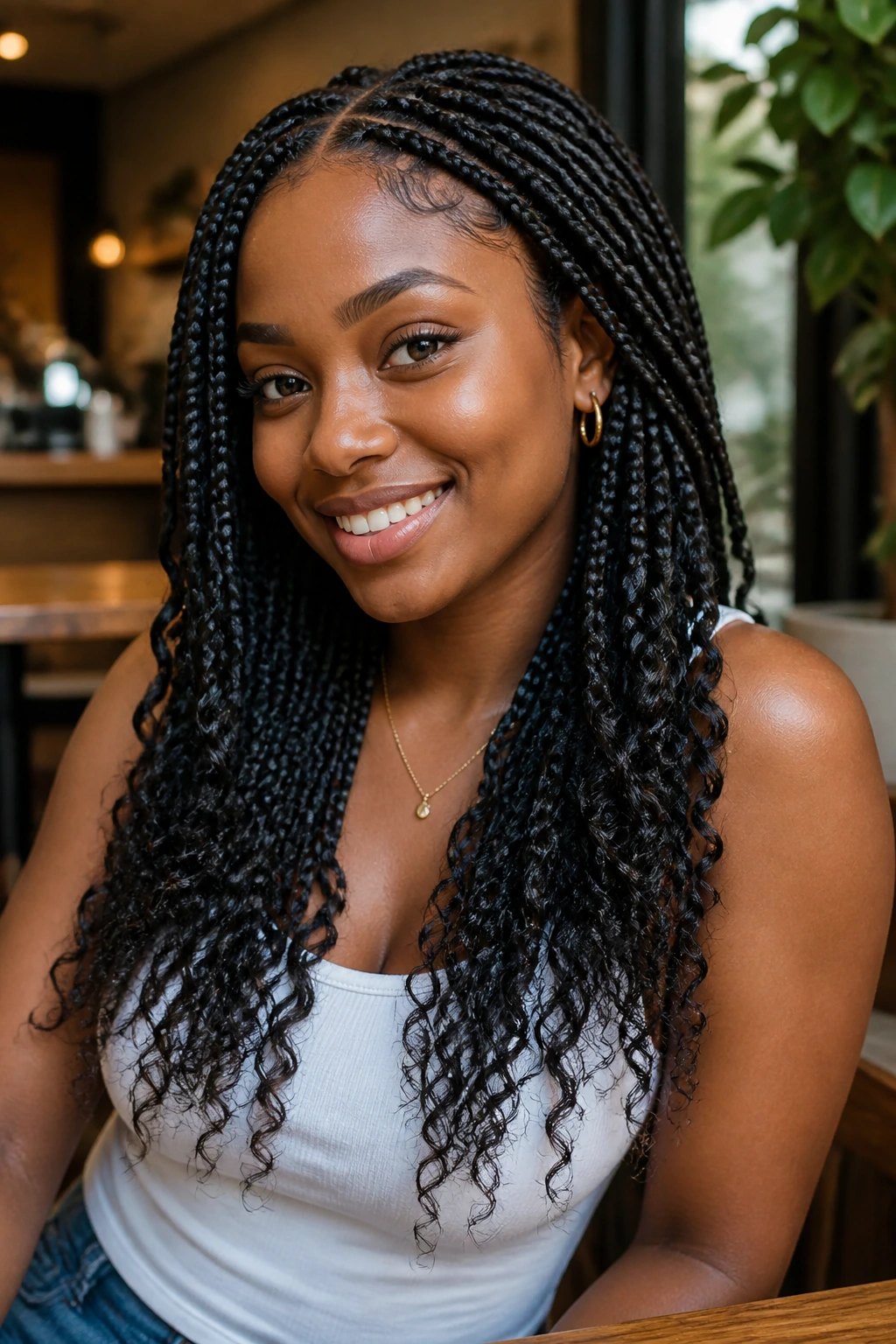 Real woman with knotless braids ending in curls in a head-and-shoulders portrait.