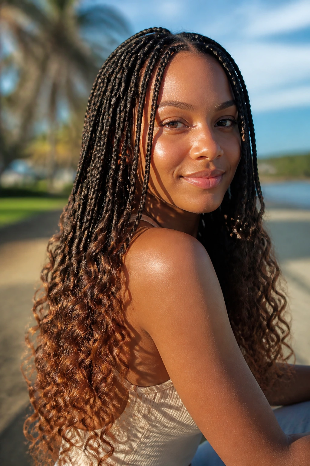 Real woman with knotless braids and curly ends outdoors