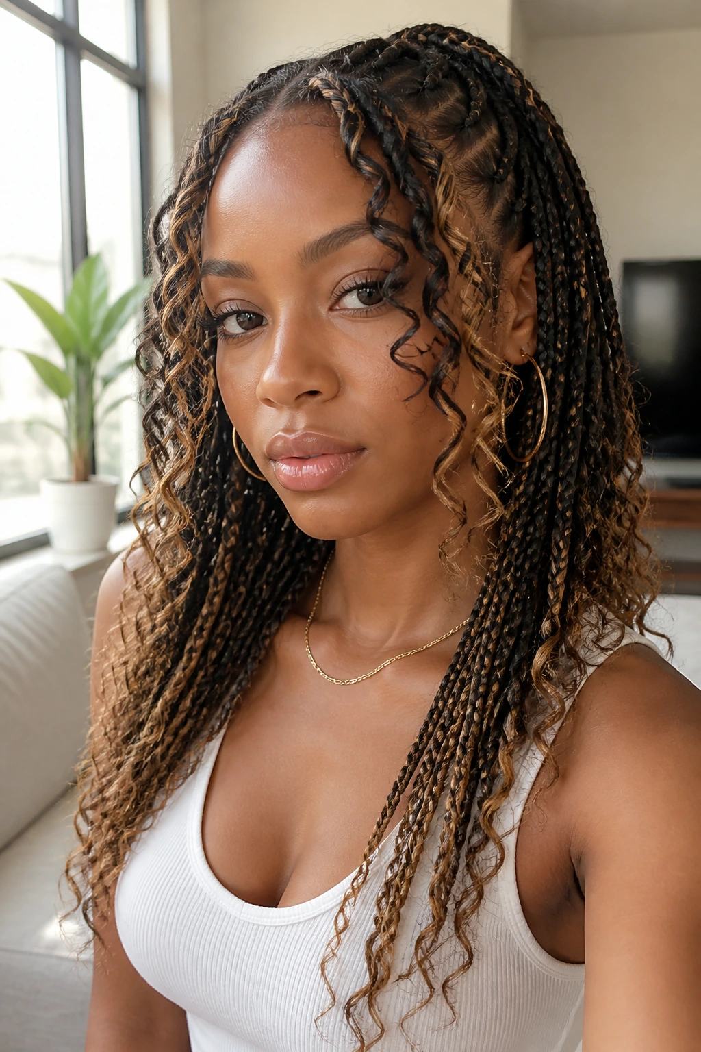 Front portrait of knotless braids with curtain bang curls on a real woman