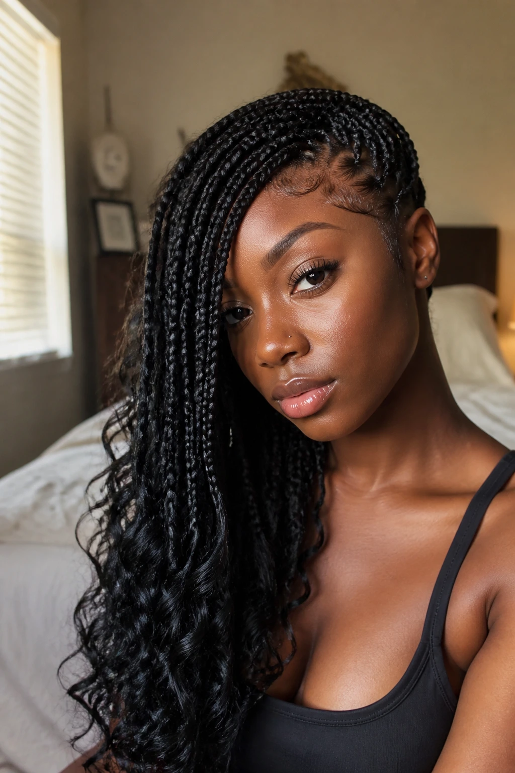 Close-up portrait of knotless braids with a deep side sweep on a real woman