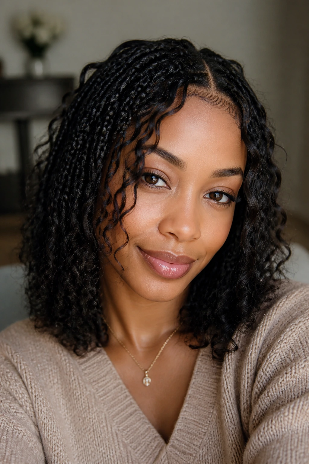 Real woman with knotless braids and face-framing curls.