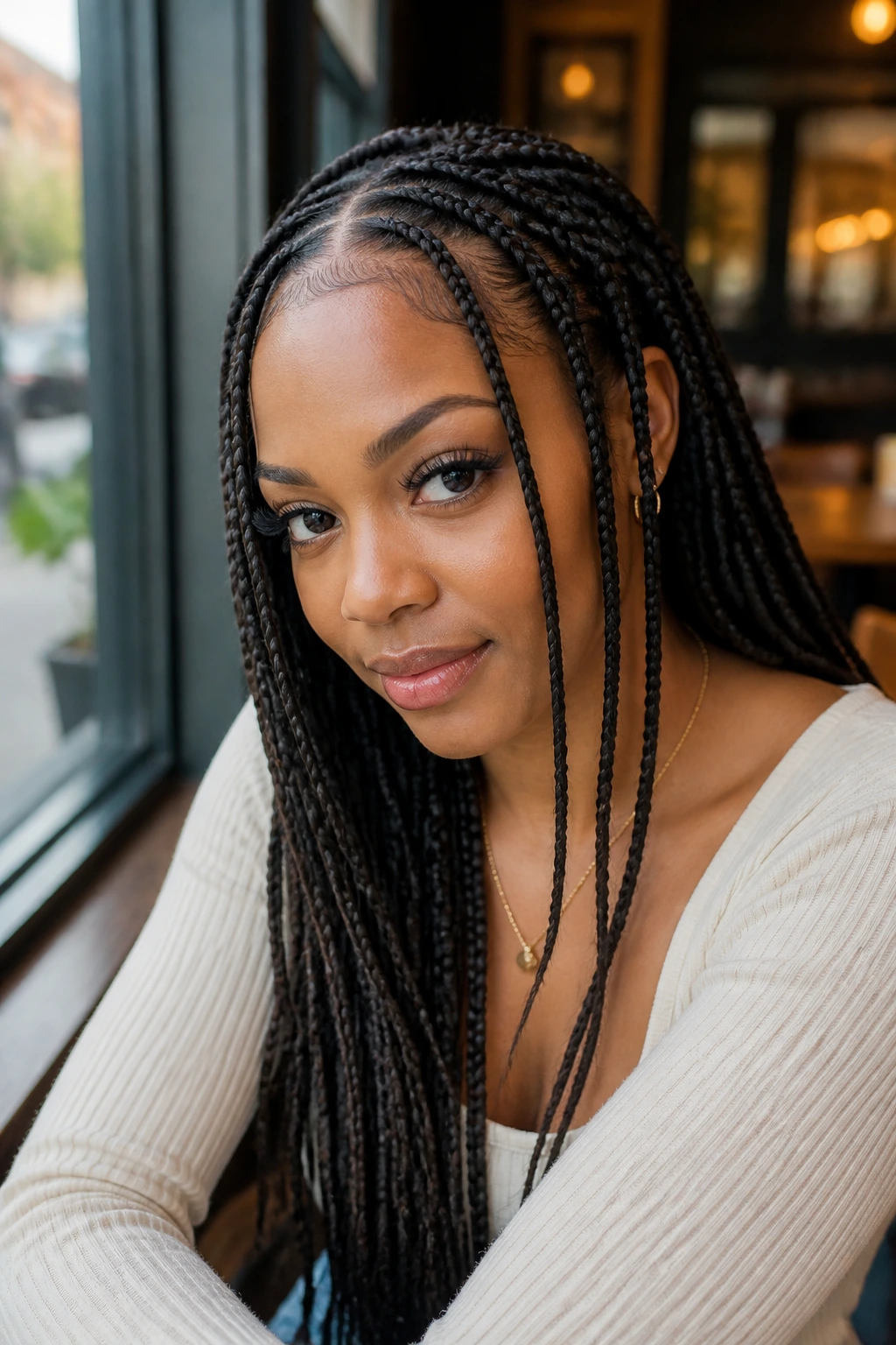 Close-up of knotless braids with face-framing pieces on a real woman