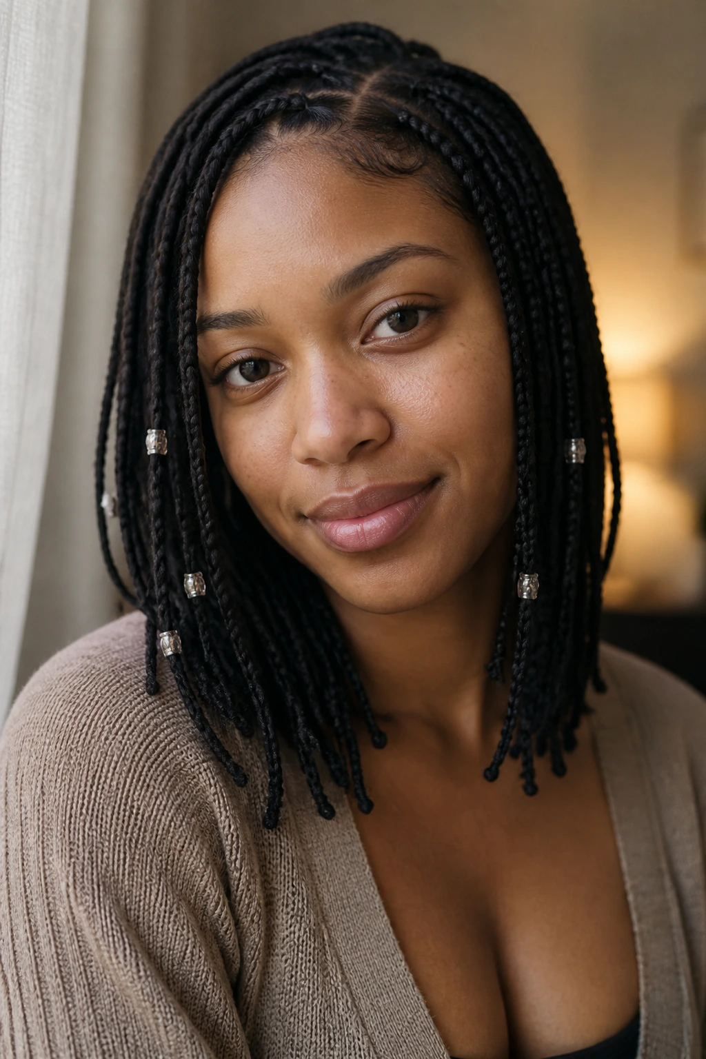 Close-up of a real woman with shoulder-length knotless braids and tiny glass beads in a warm indoor setting