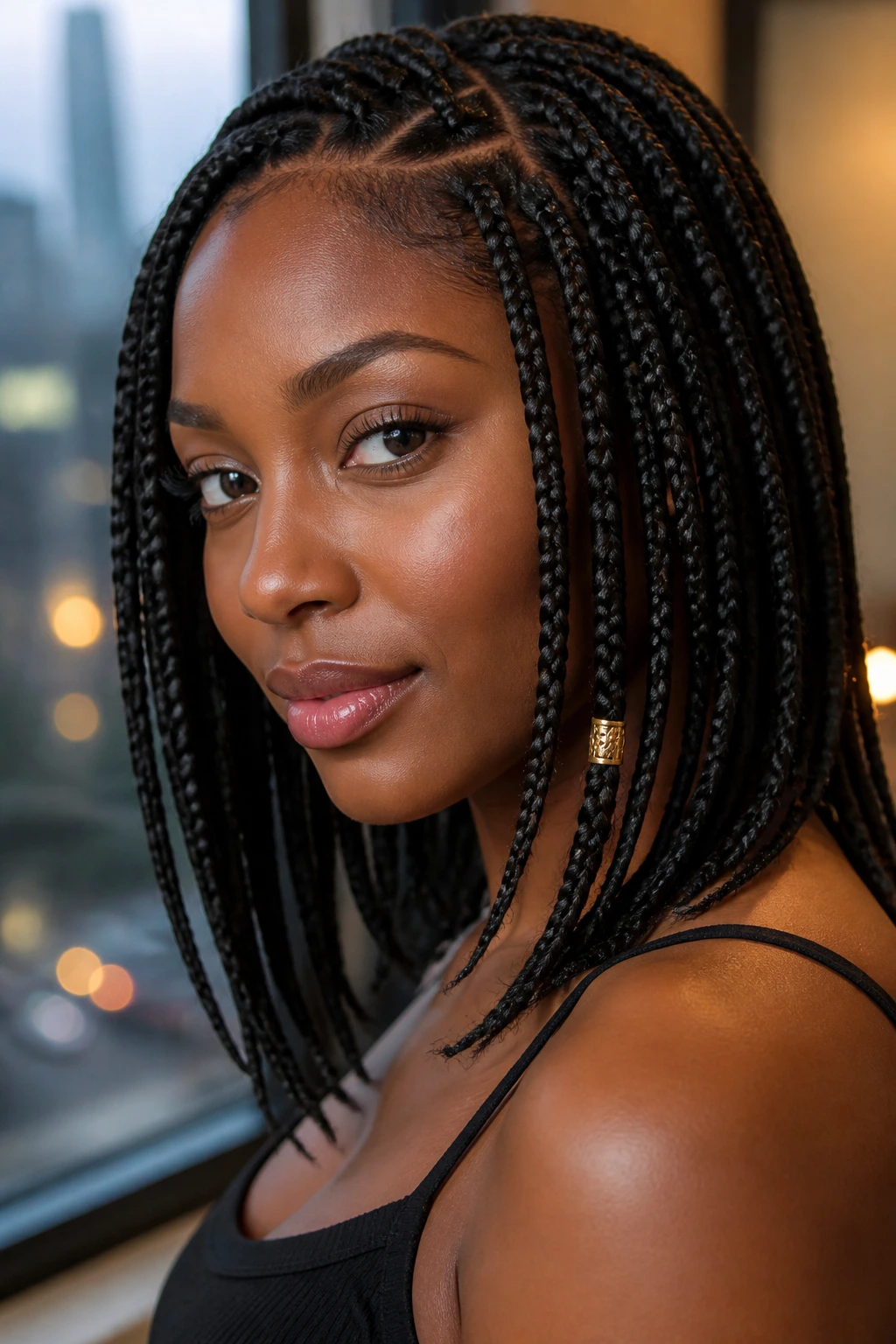 Close-up portrait of a real woman with knotless braids and a gold cuff accent.