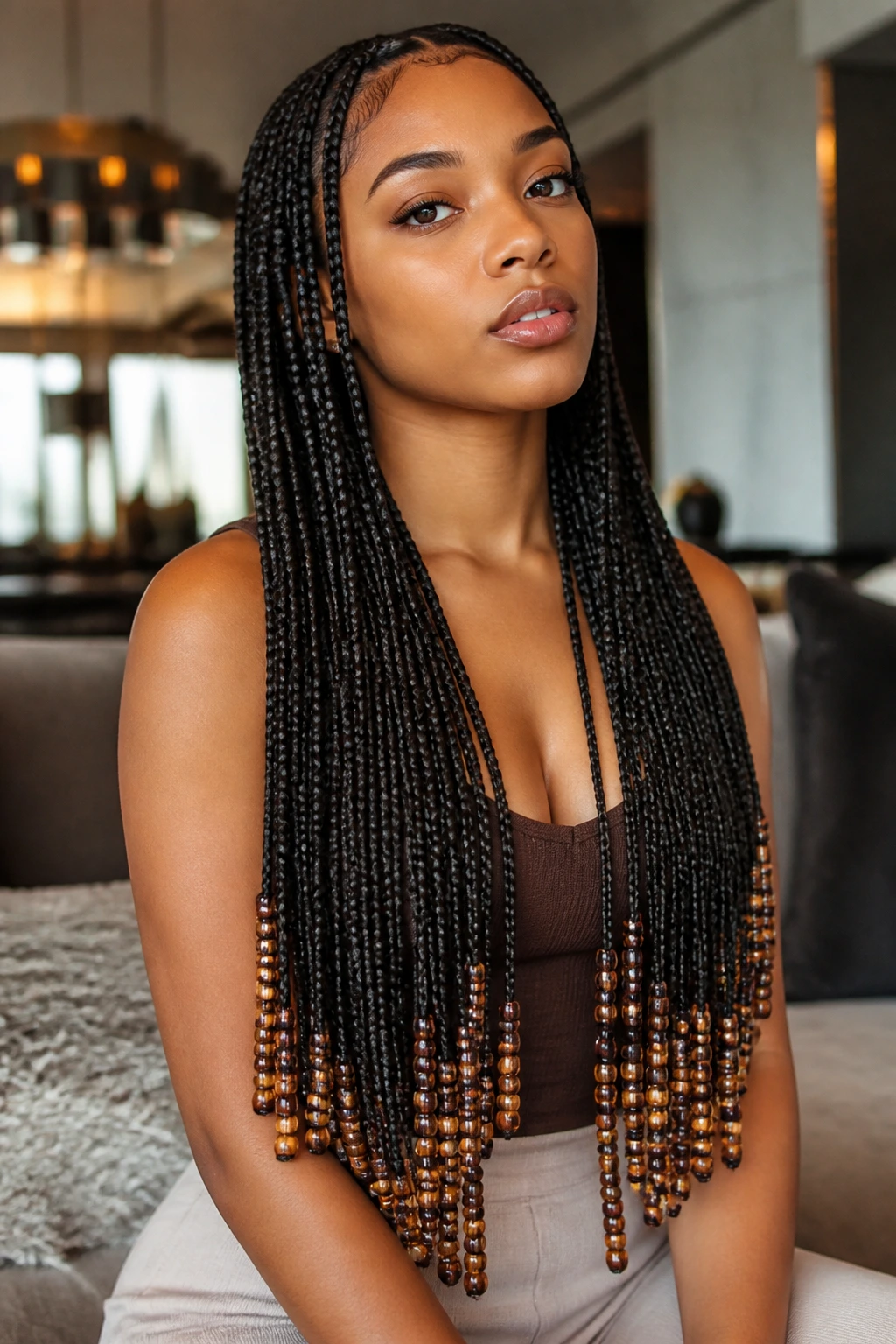 Close-up of a real person with waist-length knotless braids with graduated beads