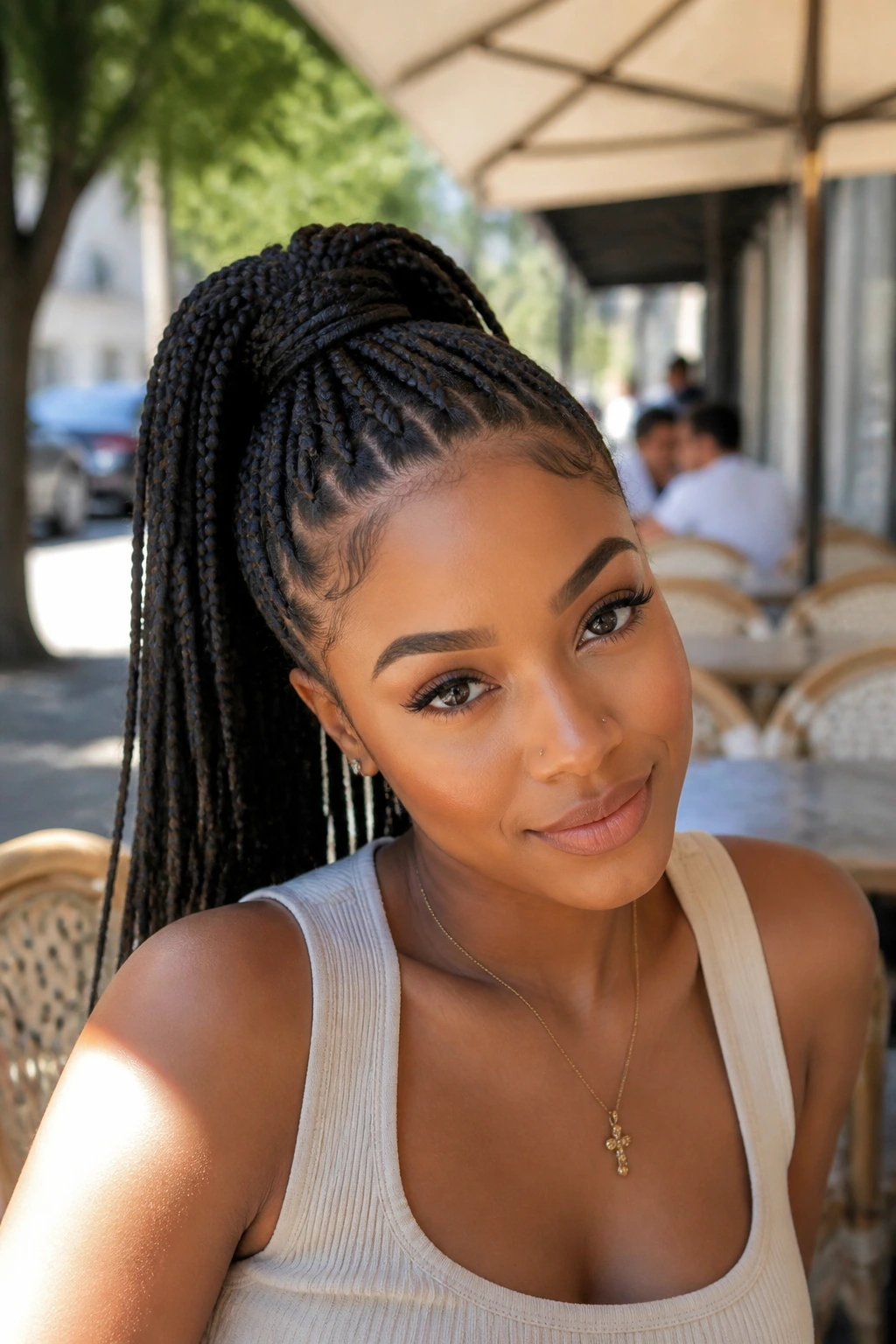 Close-up portrait of a person with knotless braids in a high ponytail