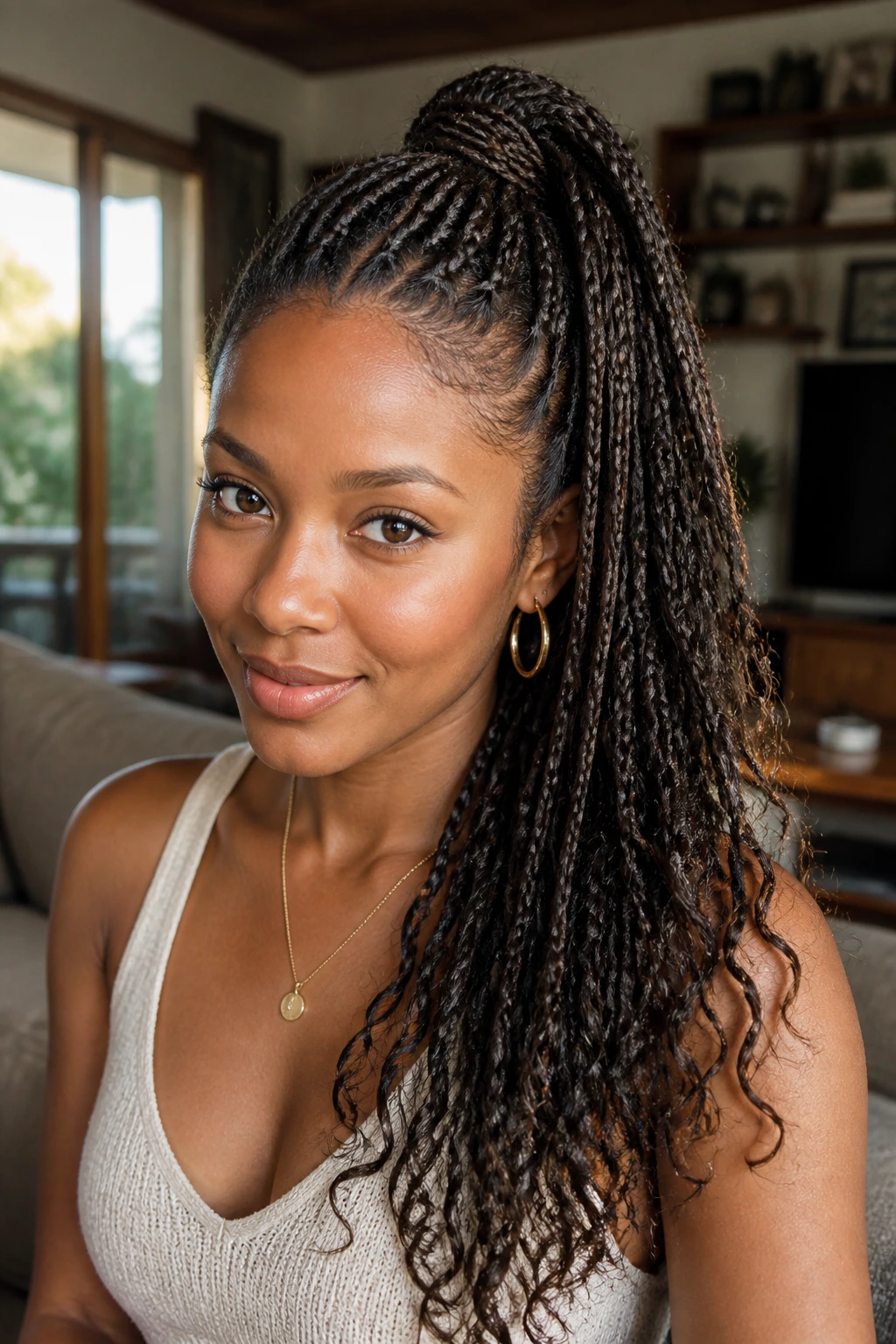 Close-up portrait of knotless braids in a high ponytail on a real woman