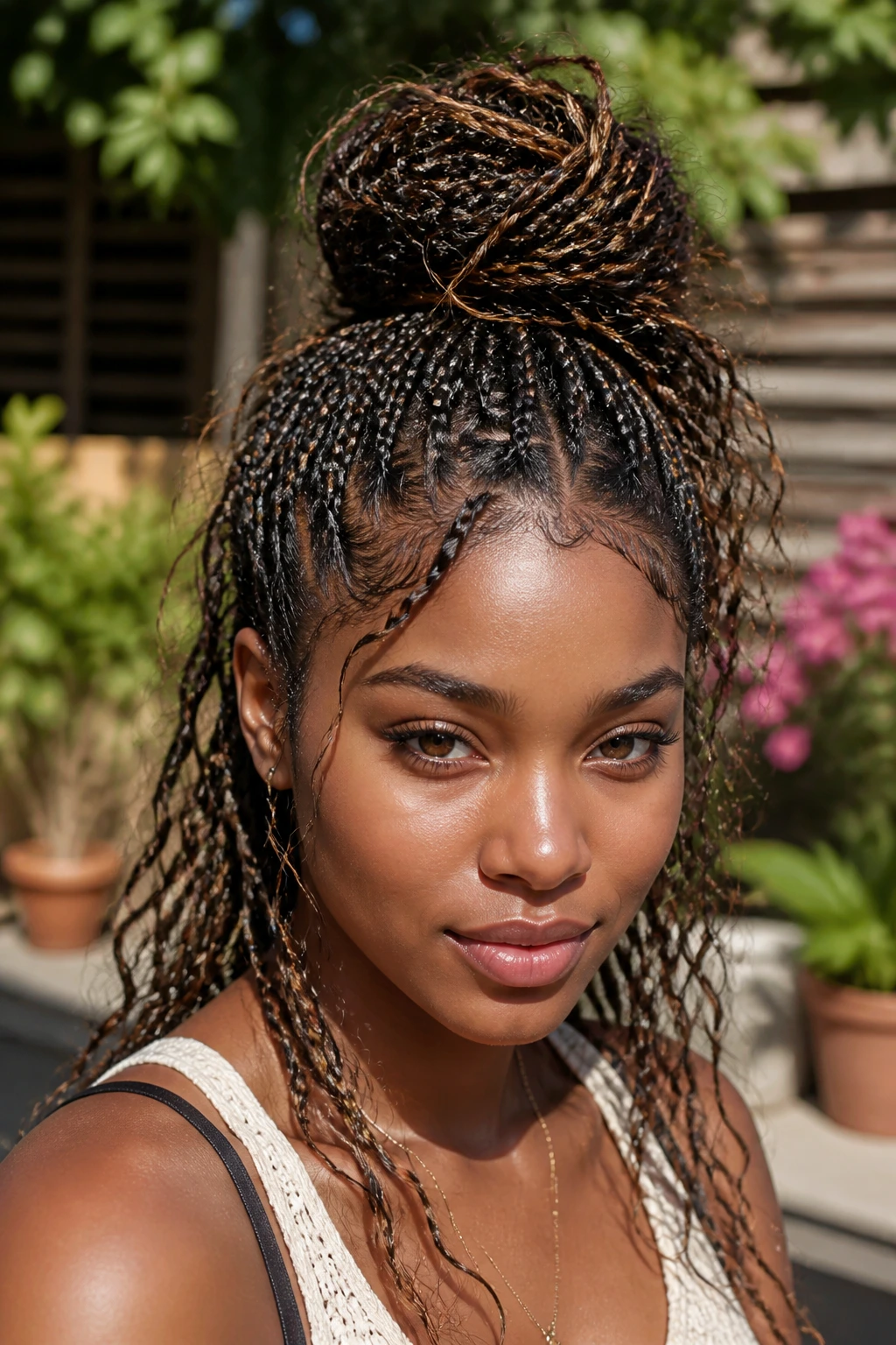 Knotless braids in a loose top knot on a real person
