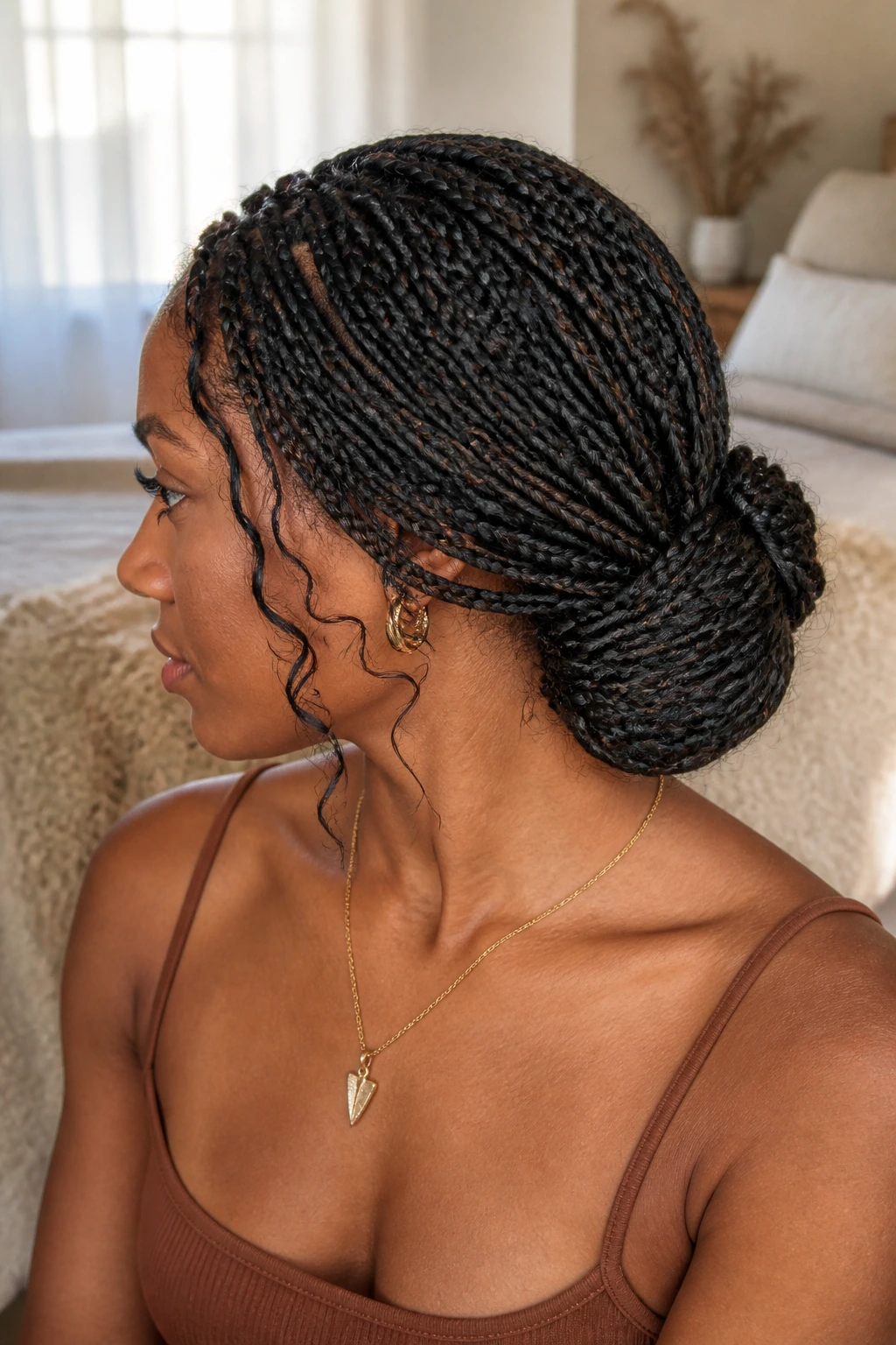 Close-up of knotless braids formed into a low wrapped bun on a real woman