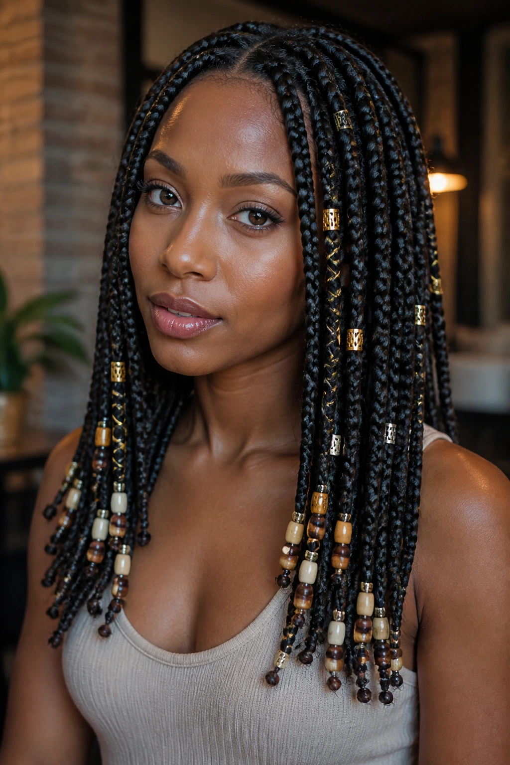 Close-up of knotless braids with metallic cuffs on a real person in an urban setting