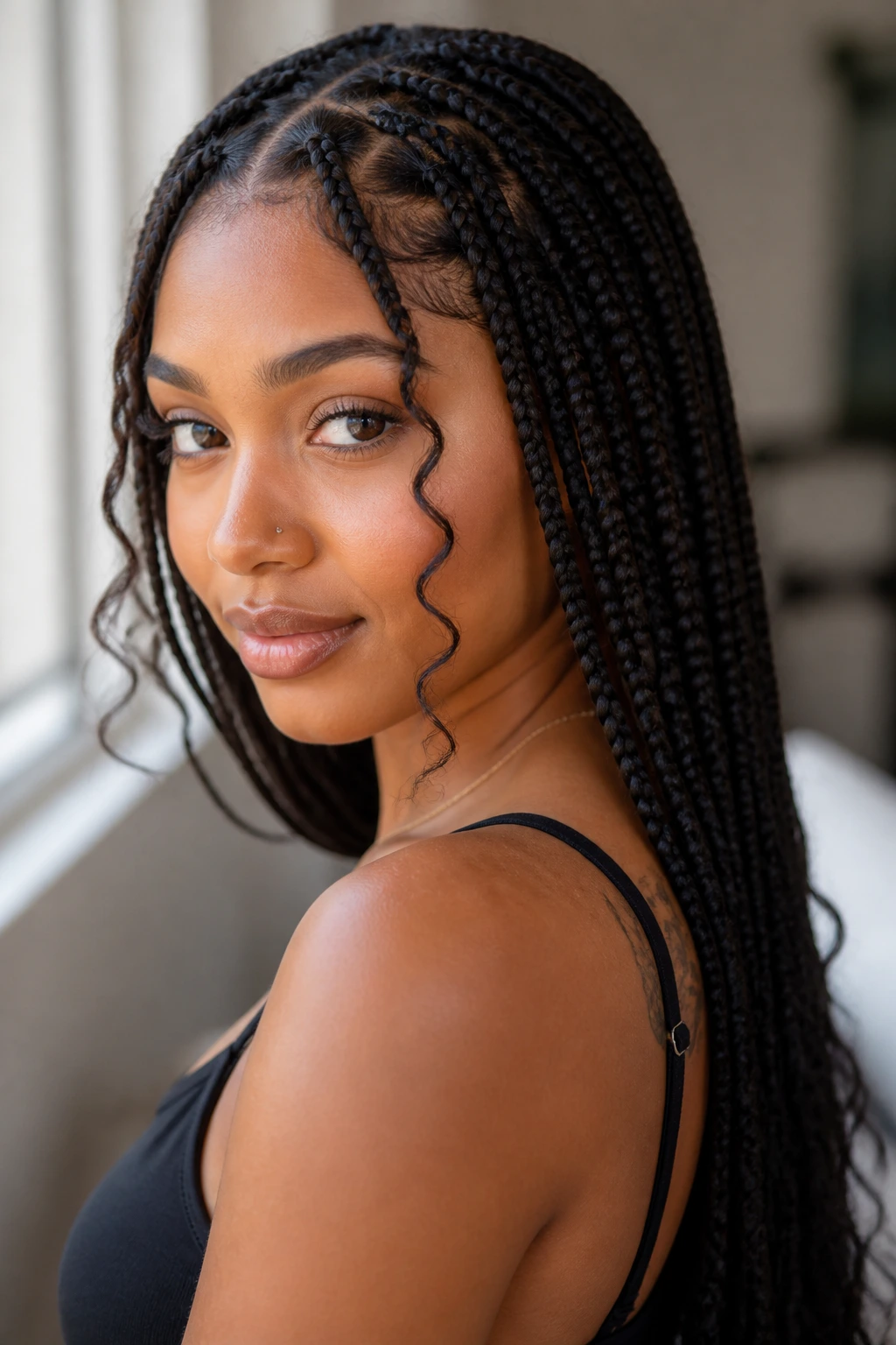 Real person with knotless mid-back braids and face-framing curls