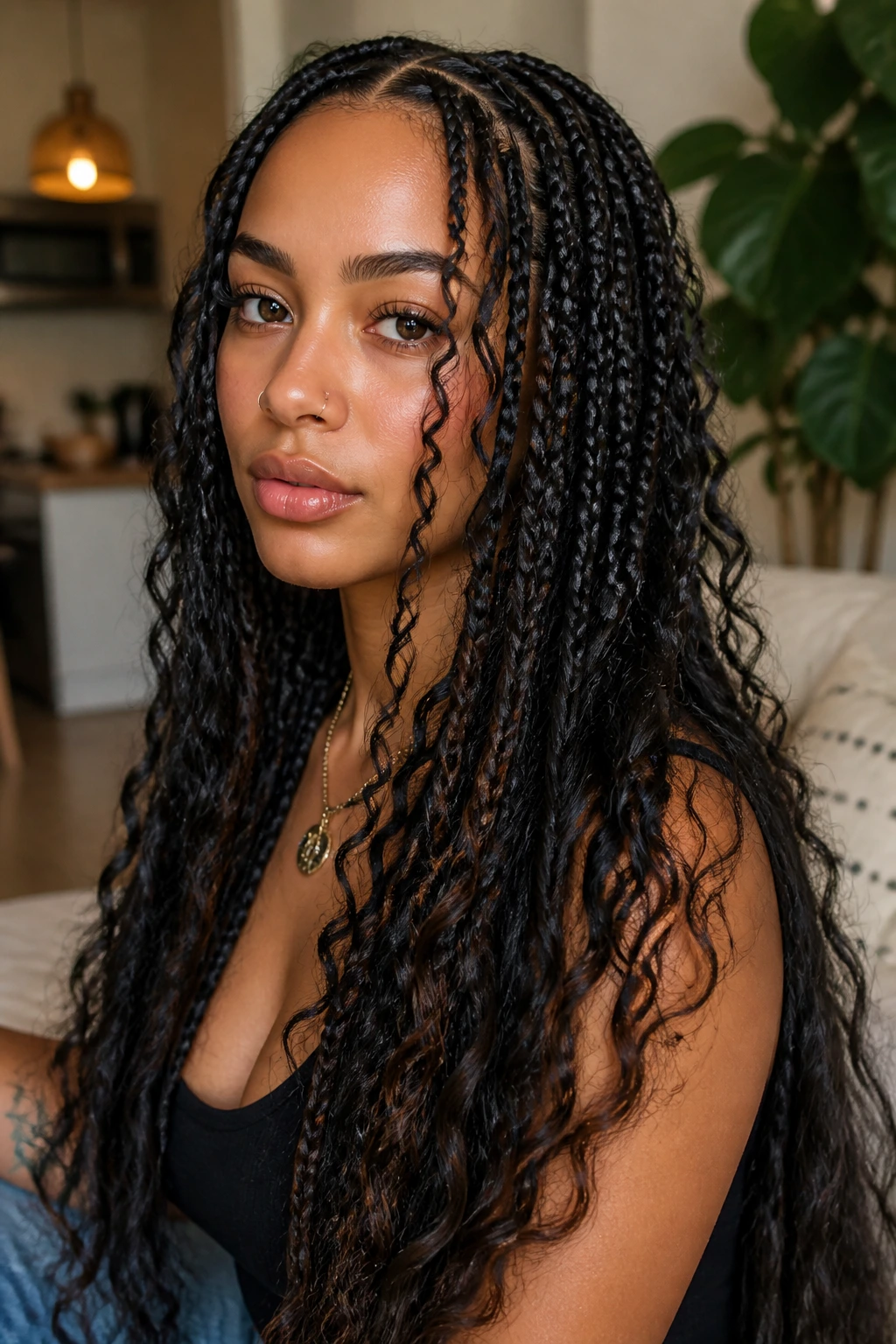 Close-up of knotless braids with mismatched curls on a real person