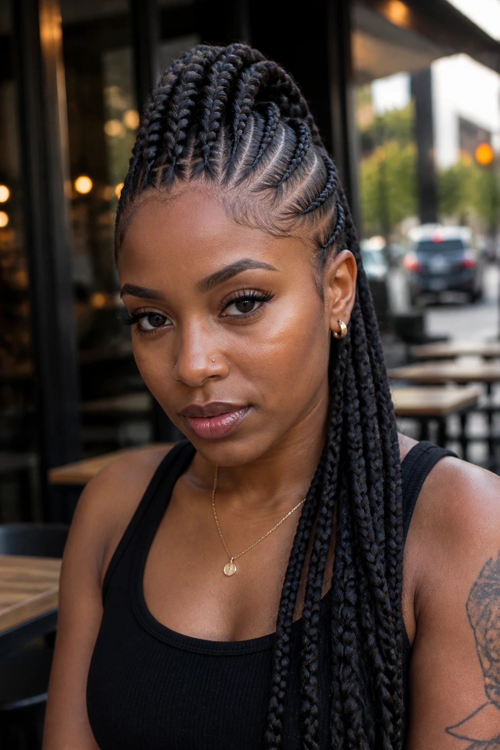 Close-up of a person with Knotless Braid Mohawk against a city backdrop