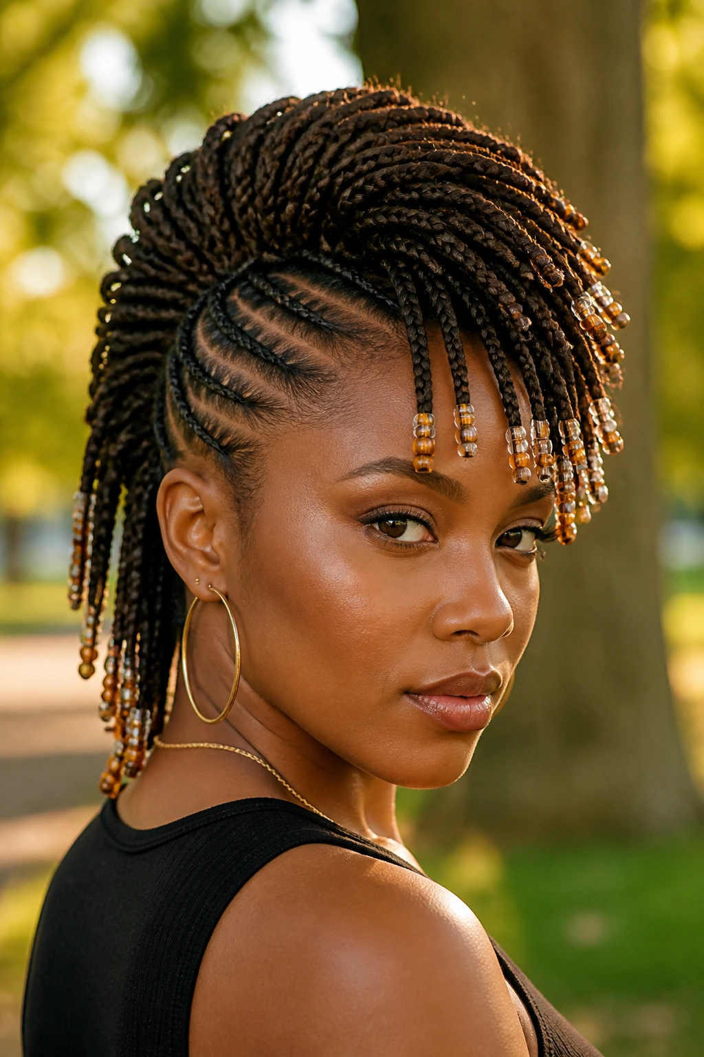 Close-up of knotless braided mohawk with beaded ends on a real person