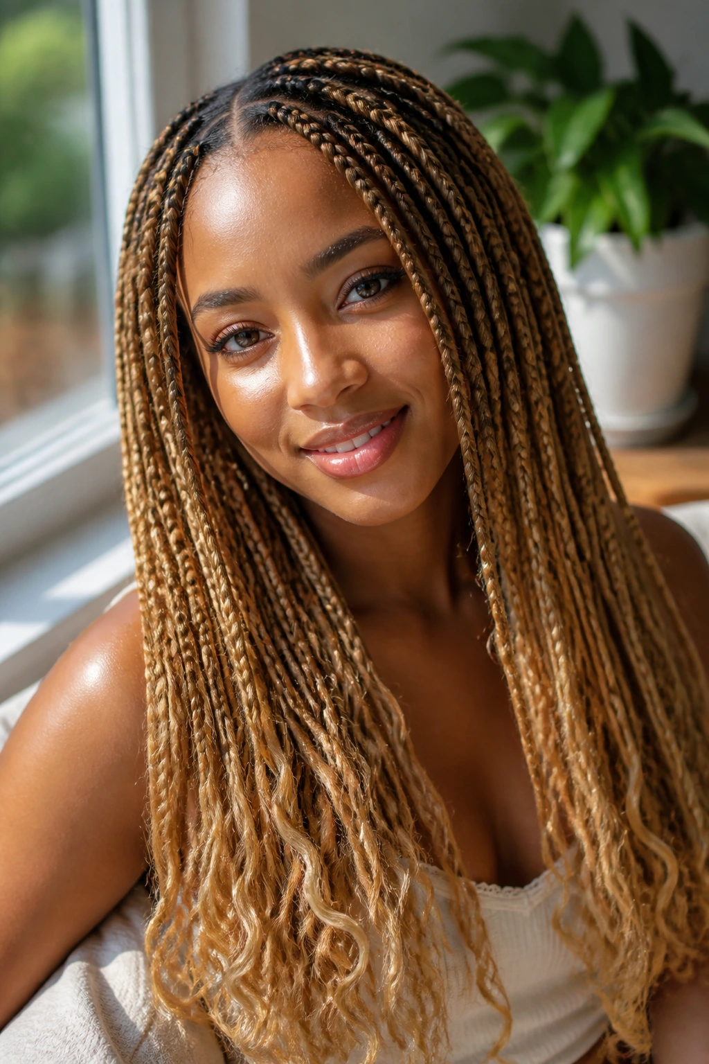 Close-up of knotless braids with honey-blonde ombré on a real woman