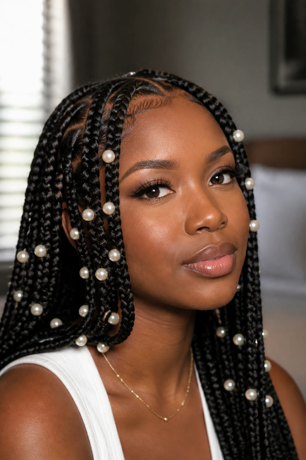 Close-up of knotless braids with pearl beads on a real woman in a chic interior