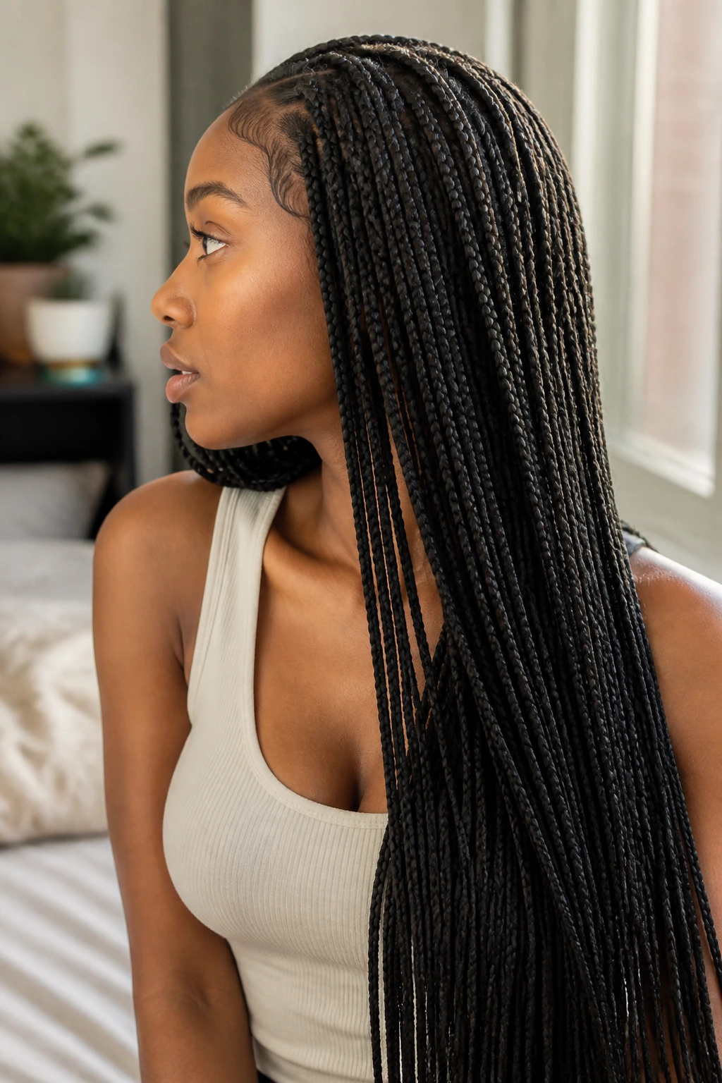 Portrait of real person with long knotless braids cascading over shoulder