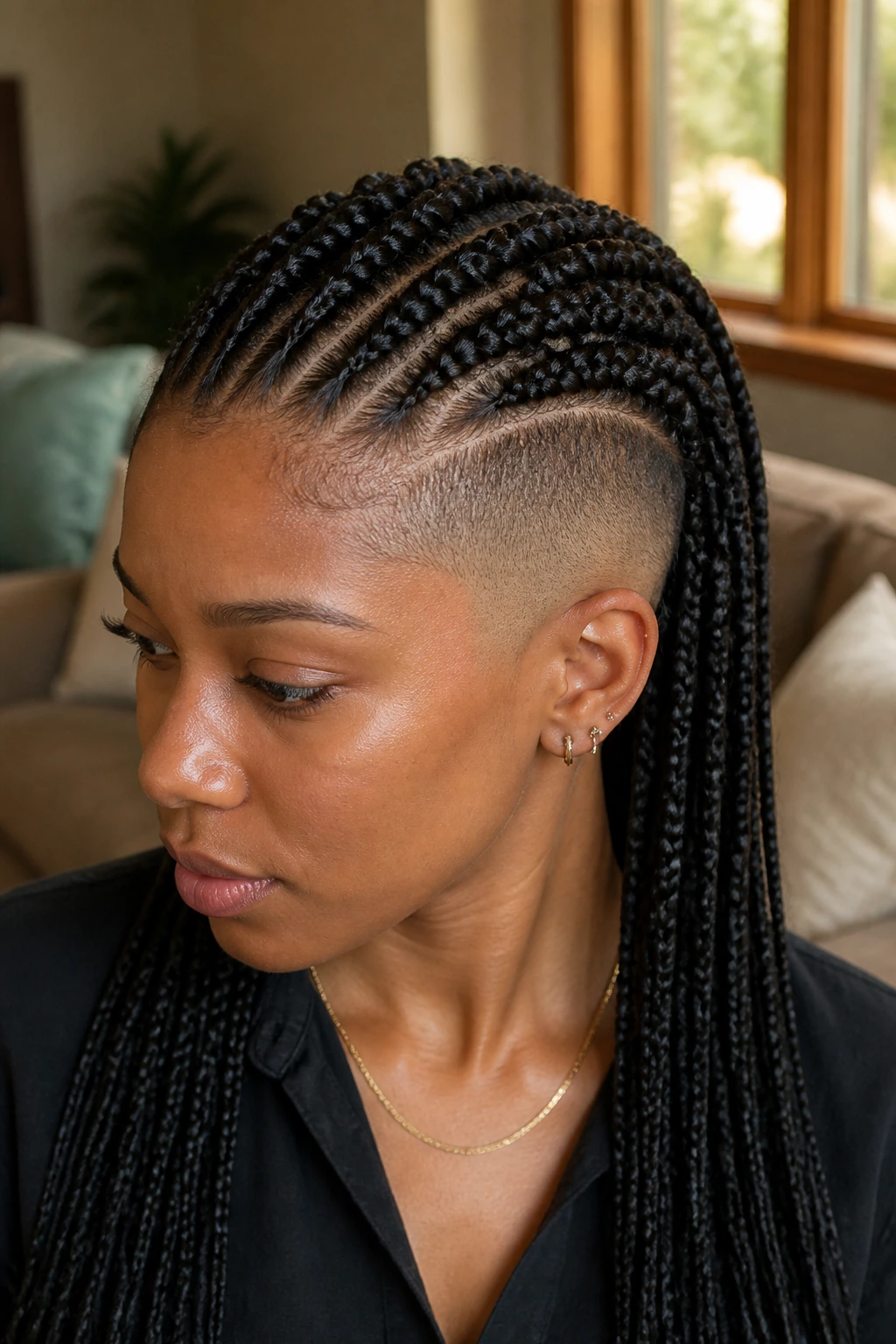 Close-up portrait of medium knotless braids with shaved sides on a real person