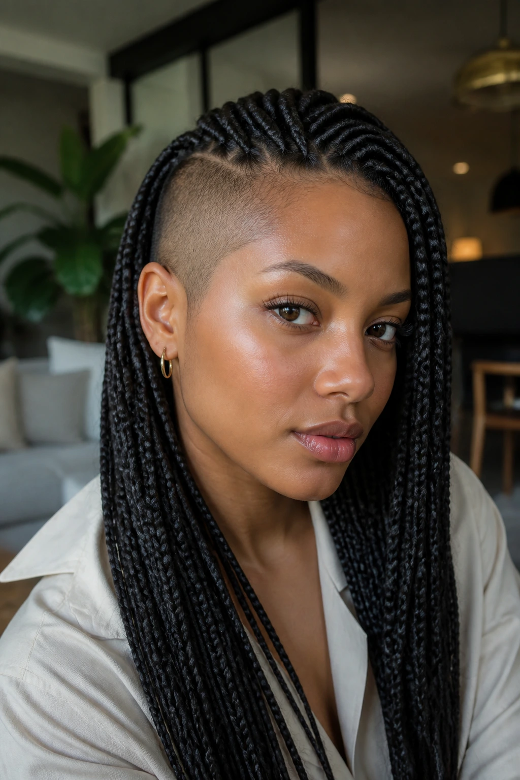 Portrait of a person with knotless braids and a shaved temple.
