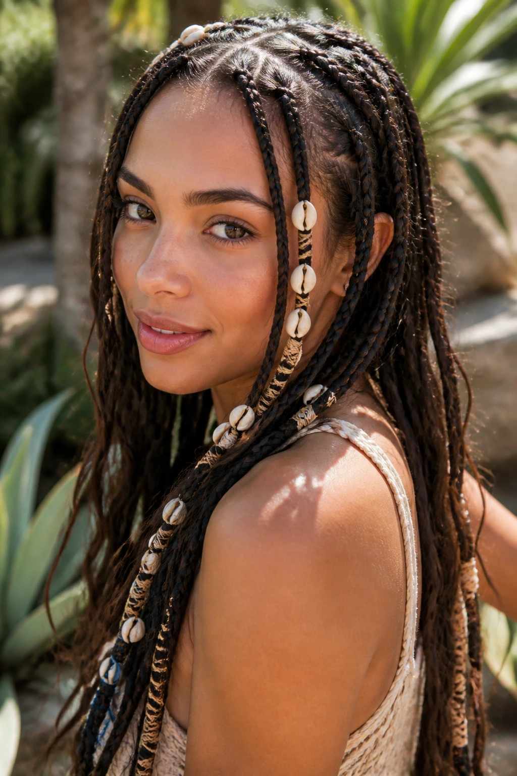 Knotless braids with shell beads and thread wraps on a real person