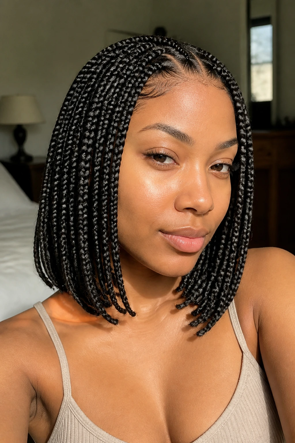 Portrait of a woman with knotless shoulder-length box braids