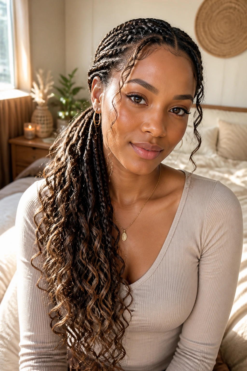 Real woman with knotless braids in a soft side pony, curls at ends, warm window light