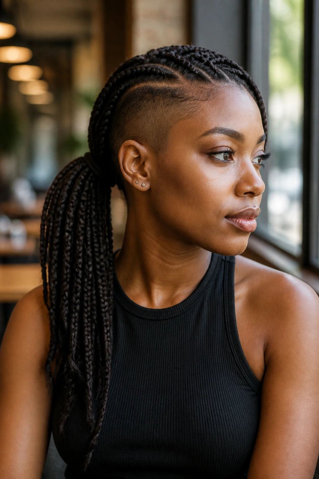 Close-up of knotless braids forming a side ponytail with a shaved side