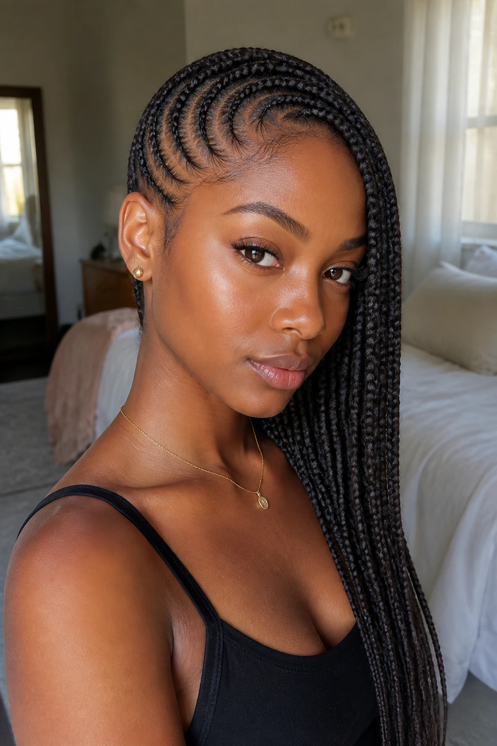 Close-up portrait of a real woman wearing side-swept lemonade knotless braids over one shoulder.