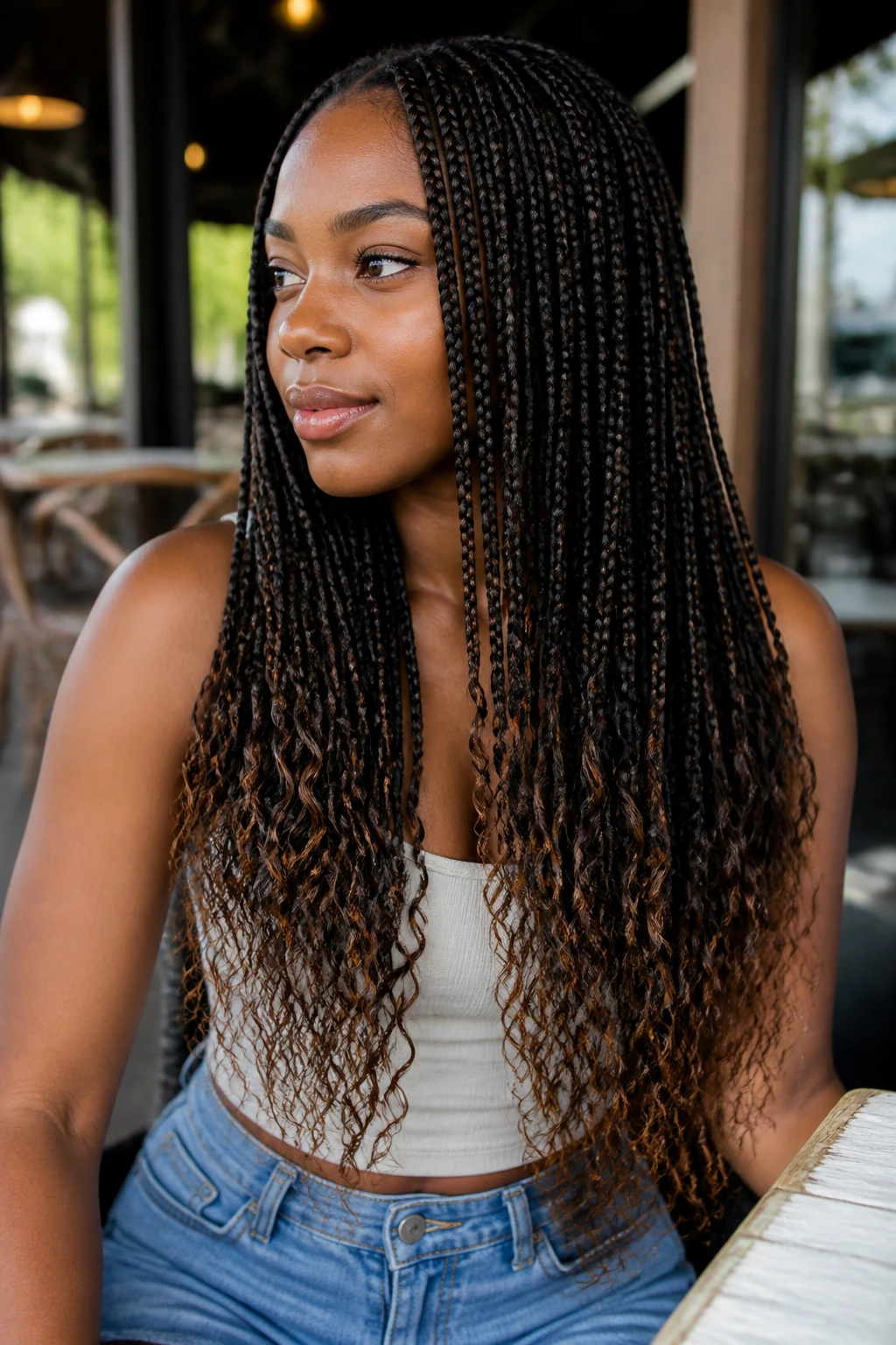 Portrait of a person with knotless braids tapering to the ends