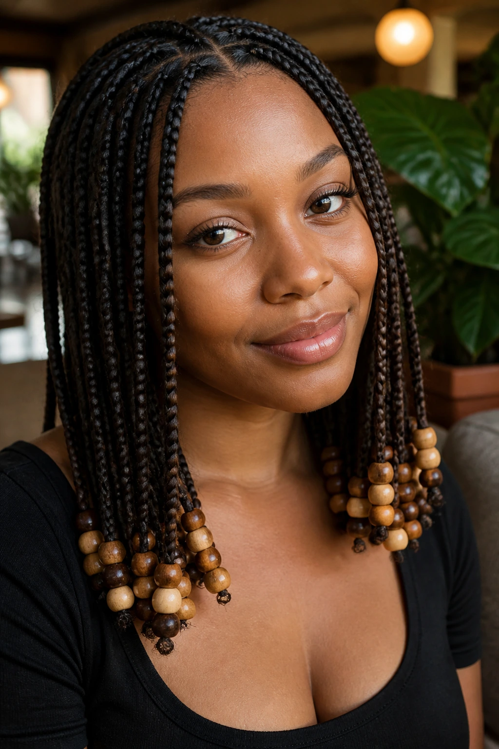 Close-up of knotless braids with wood beads on a real person in a cozy setting