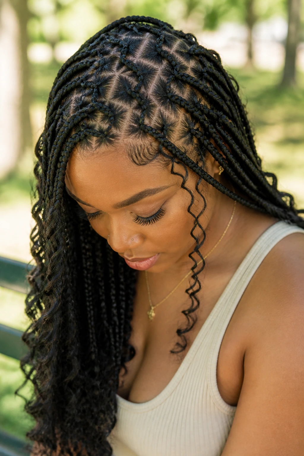 Close-up portrait showing zig-zag parts in knotless braids on a real woman