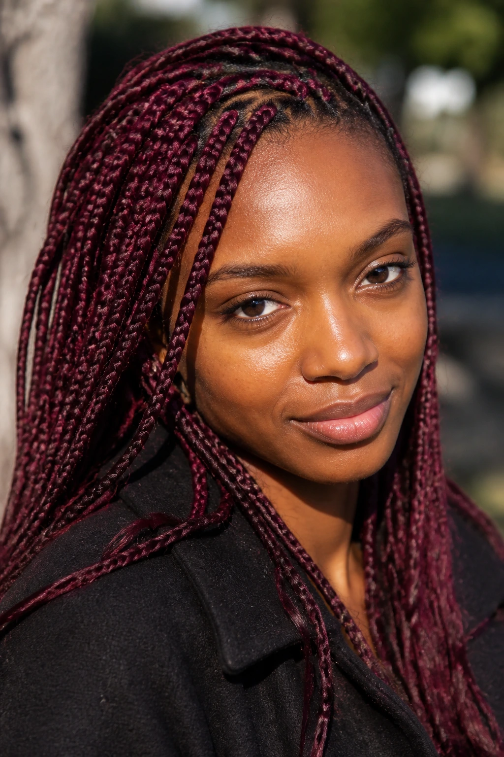 Portrait of a real person wearing burgundy knotless braids outdoors showing color depth