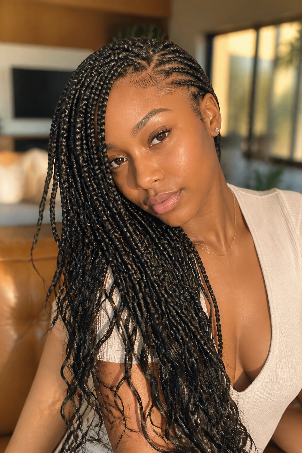 Close-up portrait of a real woman with knotless lemonade braids and loose ends