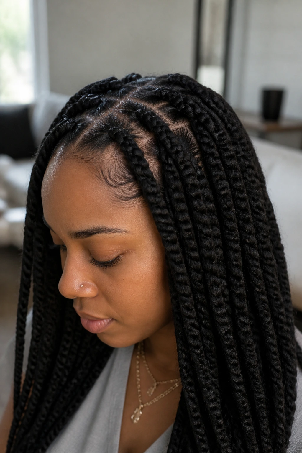 Close-up of a woman with knotless Marley twists starting at smooth roots.