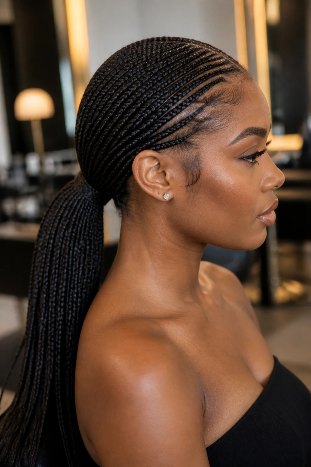 Real woman with a low sleek knotless ponytail at the nape in a salon setting.
