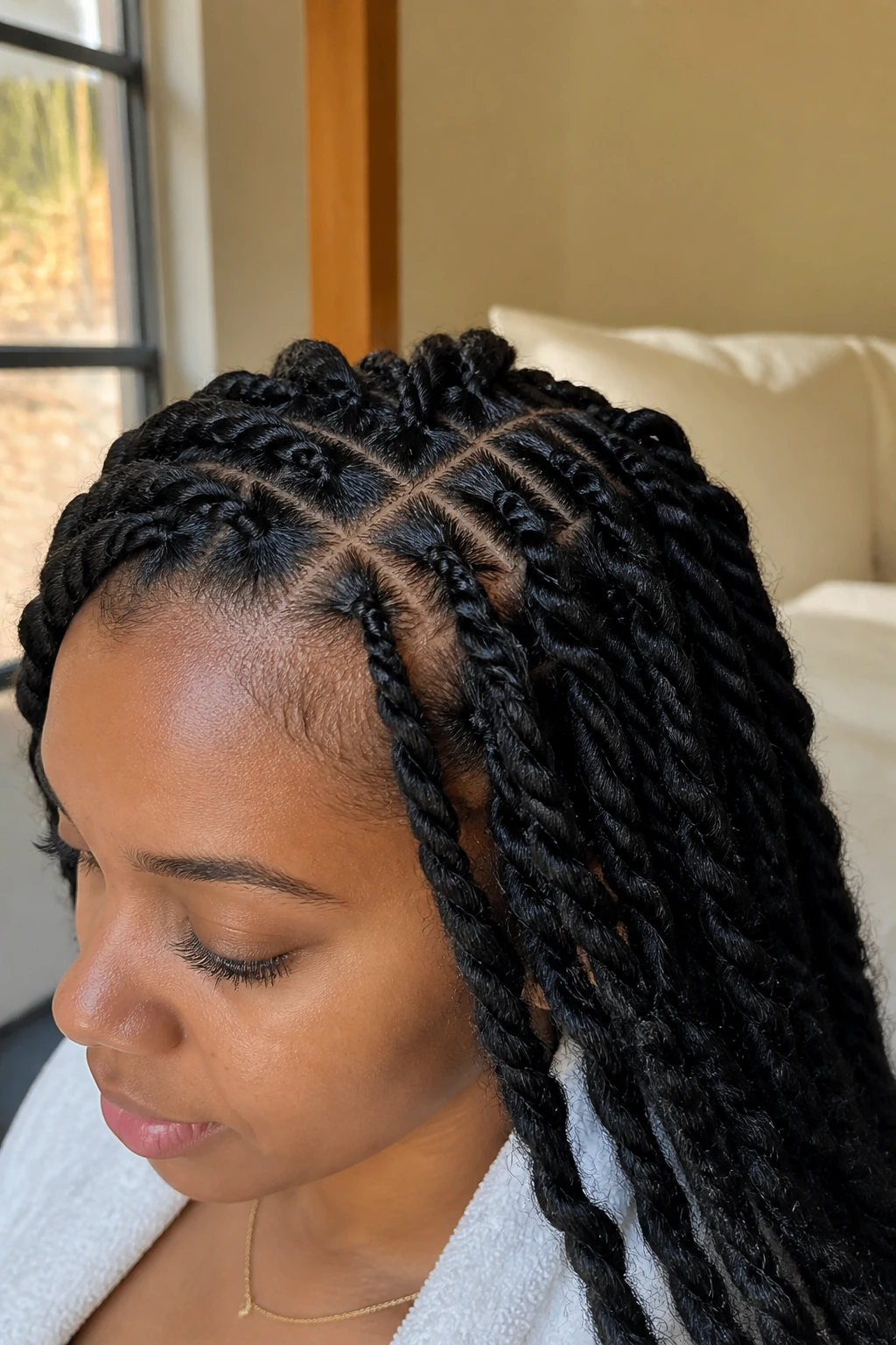 Close-up of a real woman with knotless-root passion twists starting flat at the scalp in a cozy window-lit bedroom