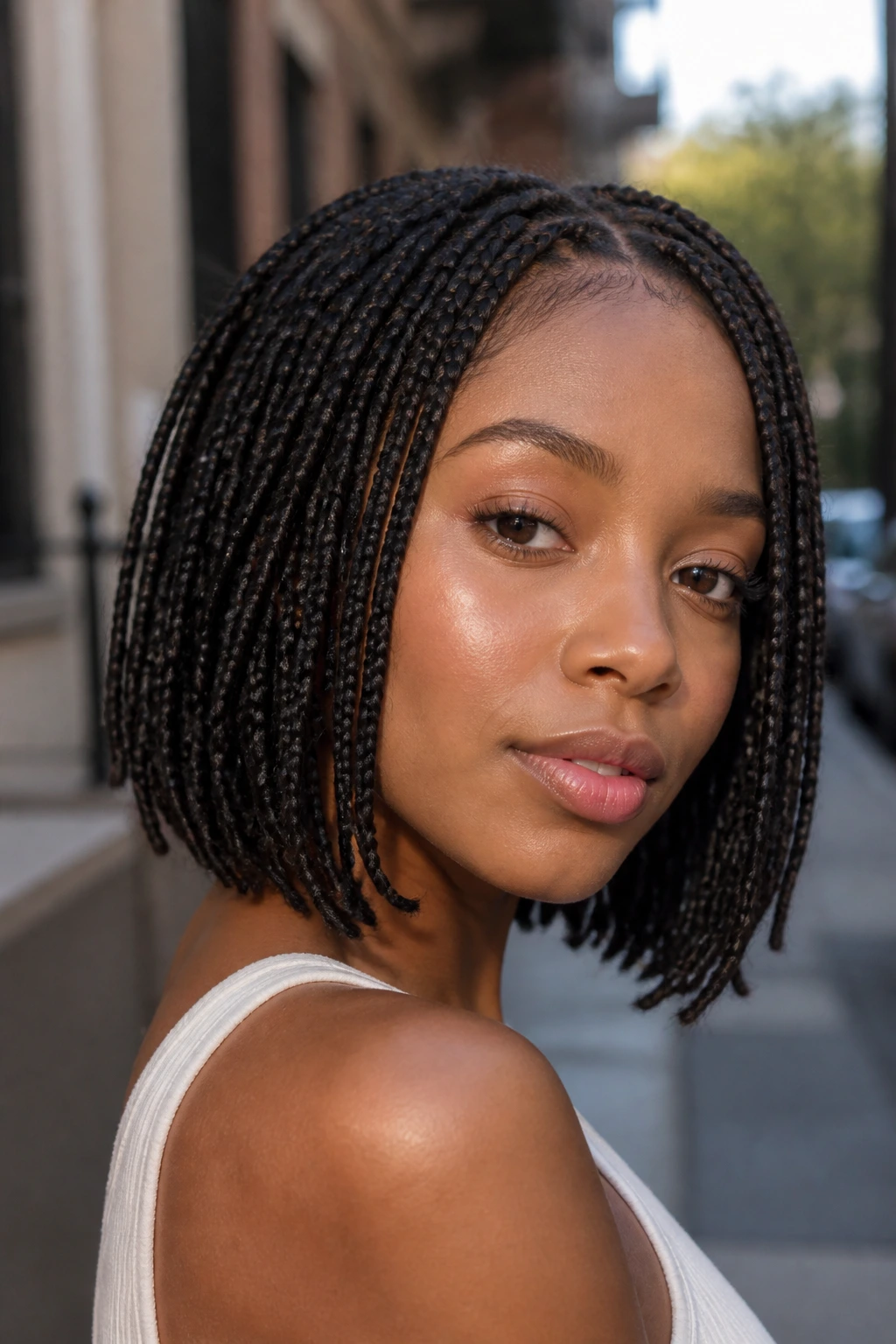 Portrait of a real person with knotless short box braids showing a soft, head-on style