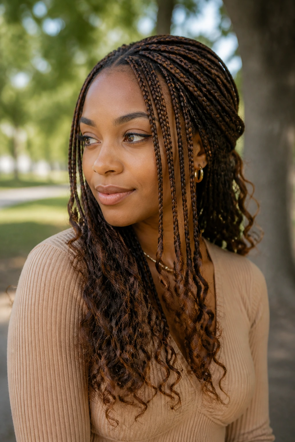 Portrait of a real person wearing knotless braids in a half-up style