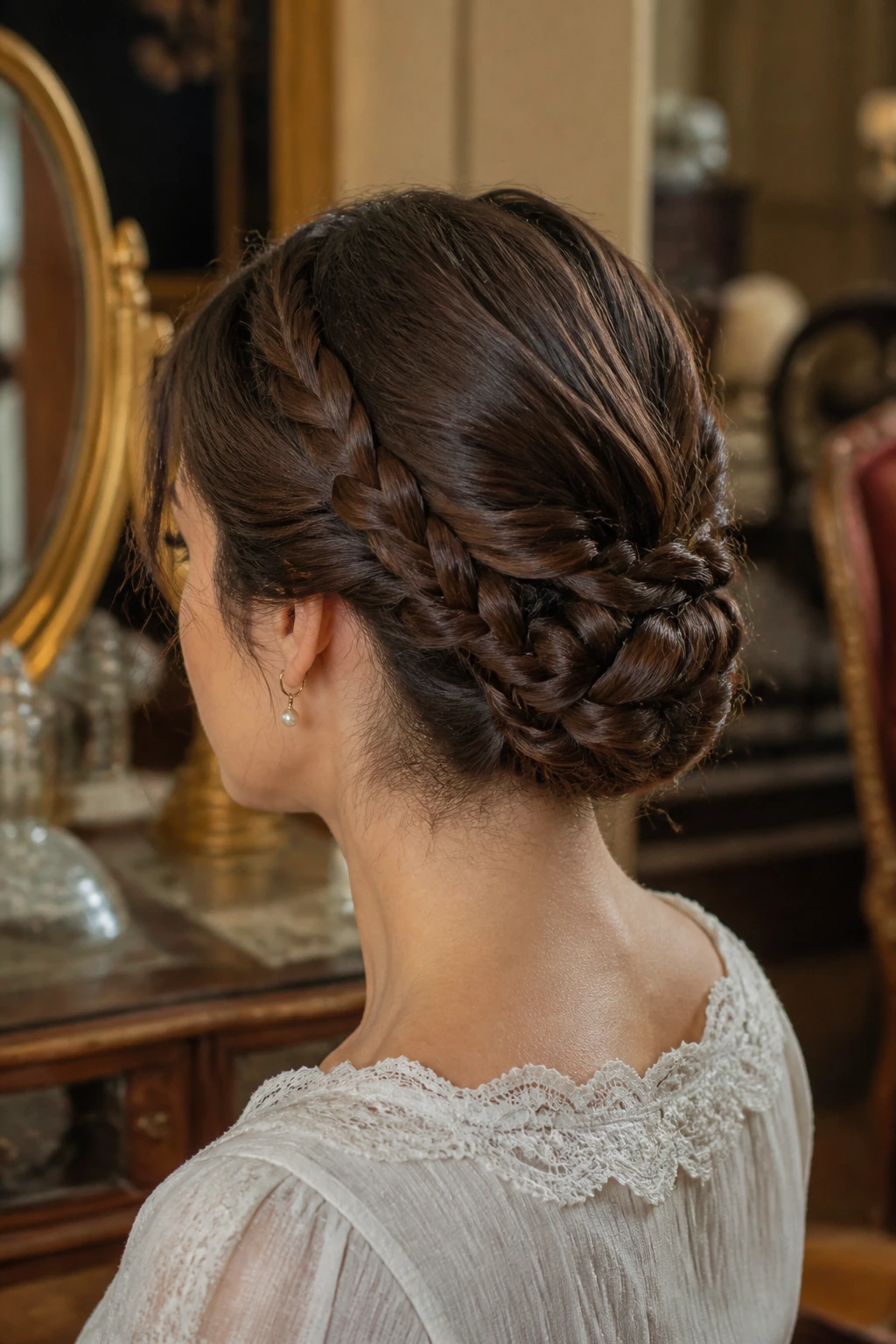 Close-up of knotted braid chignon at the nape on a real woman